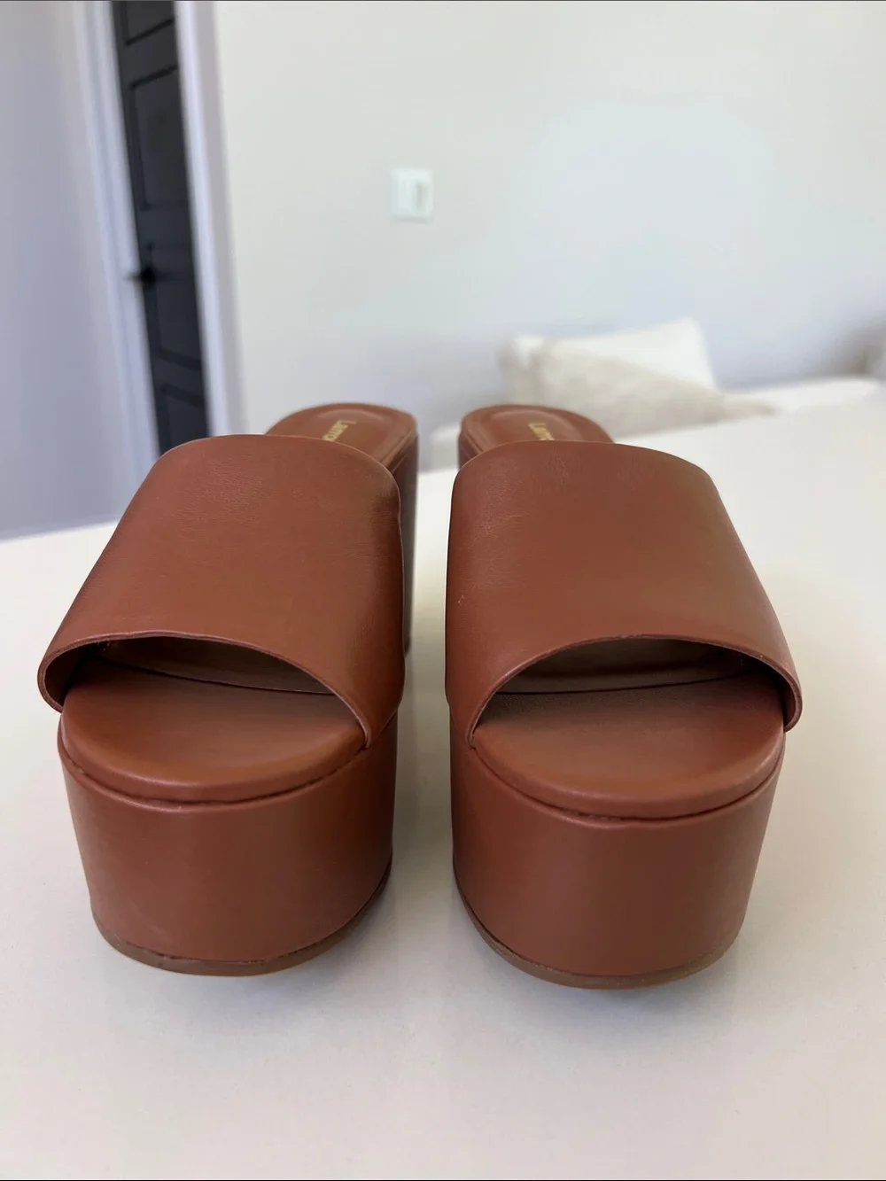Larroude miso caramel tan brown open toe platform sandals heels 7